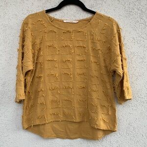 Ellison golden yellow 3/4 sleeve cotton top  round neck cool thready details